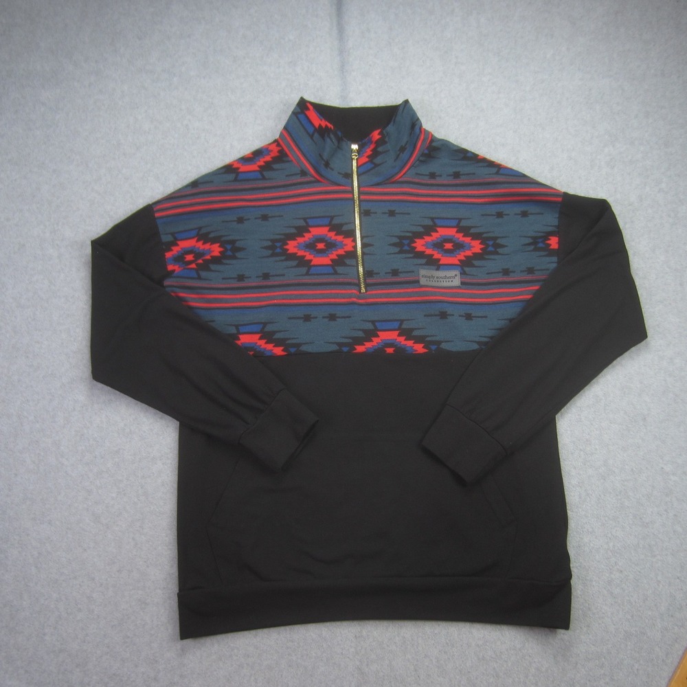 Simply‎ Southern Sweater Womens Small Black 1/4 Zip Pullover Bear Sequin Aztec